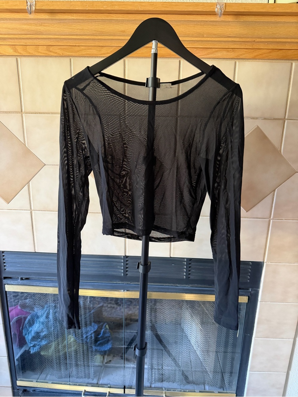 Black Sheer Long-Sleeve Mesh Crop Top - , Women Tops Size Small